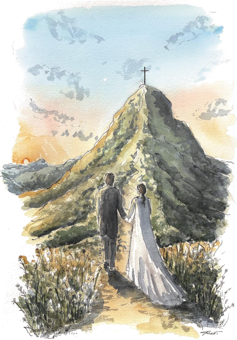 Ilustración en acuarela de los novios caminando hacia la cruz de la montaña